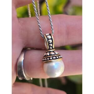 Vintage PK Sterling Silver & Yellow Gold Vermeil Faux Pearl Pendant Necklace 23"